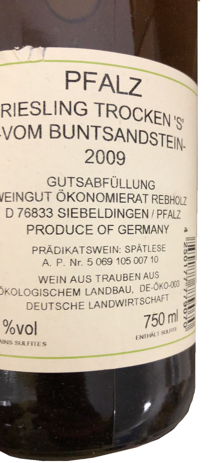 Riesling-vom-Buntsandstein-trocken-S-2009 Ökonomierat Rebholz, Riesling S vom Buntsandstein 2009, S...