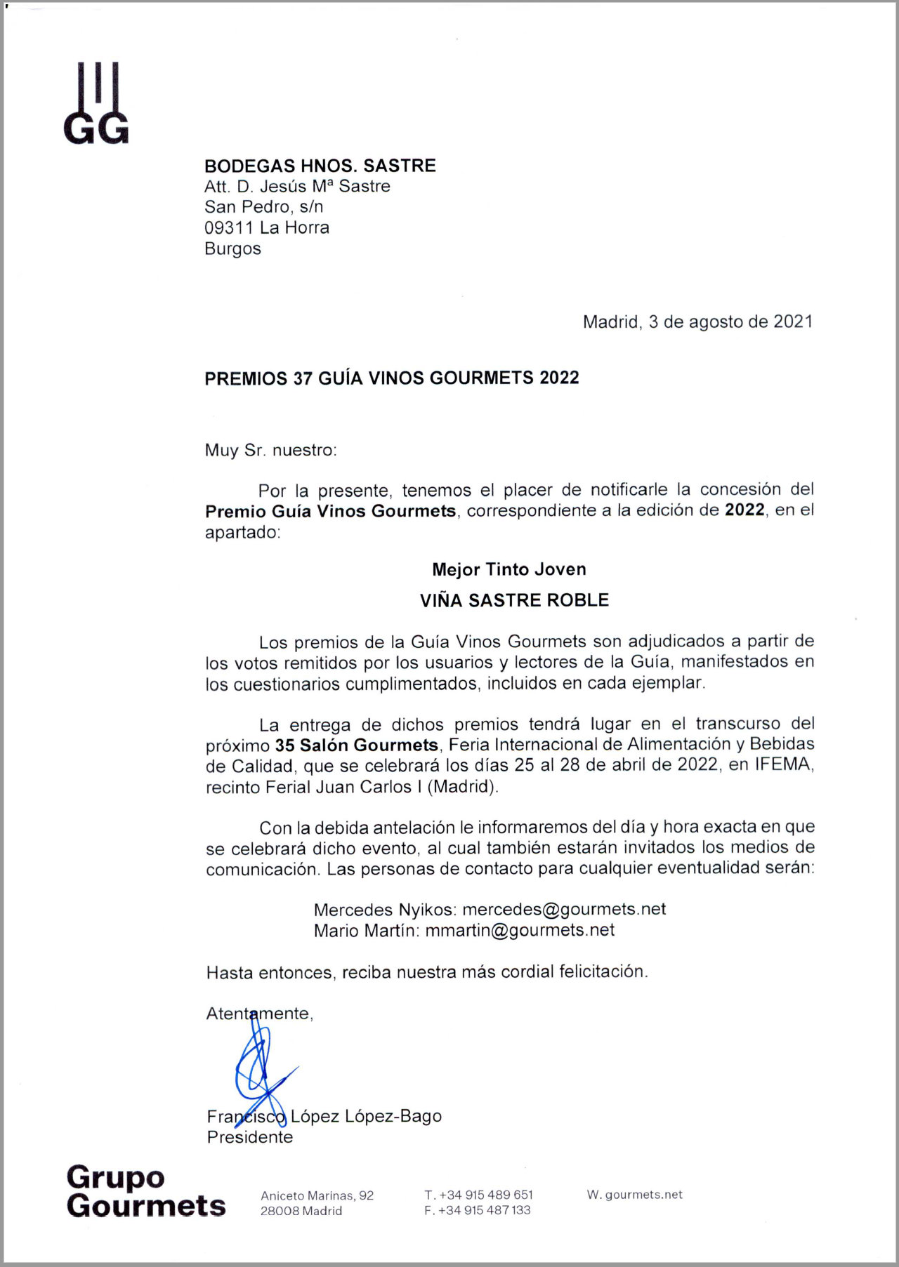 Sastre-Crianza-Groupo-Gourmet-2021