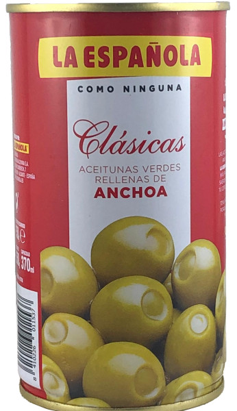 Oliven: La Española, Grüne Oliven gefüllt mit Anchovis in Dose